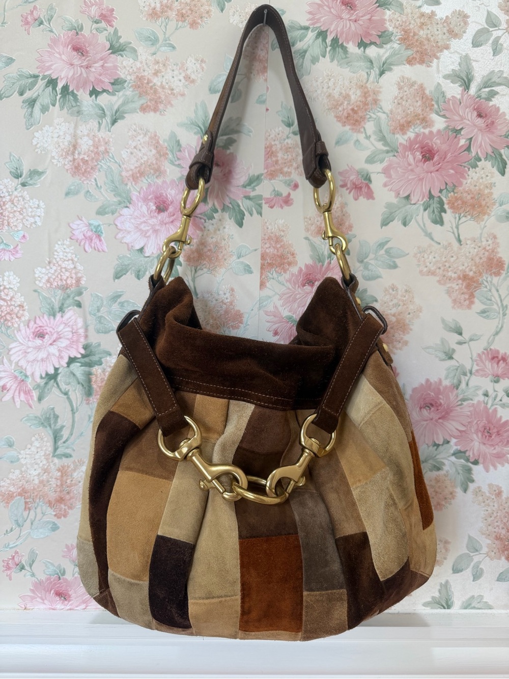 Y2k Coach Patchwork Suede Shoulder Bag in Brown and Tan